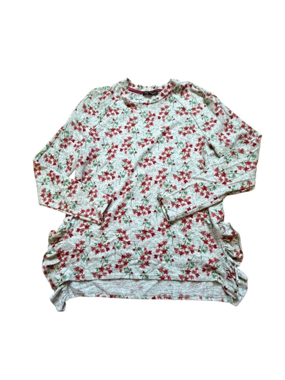 Jeanne Pierre Womens Floral Ruffle Detail Blouse-Gray/Red-Size Small-Fair